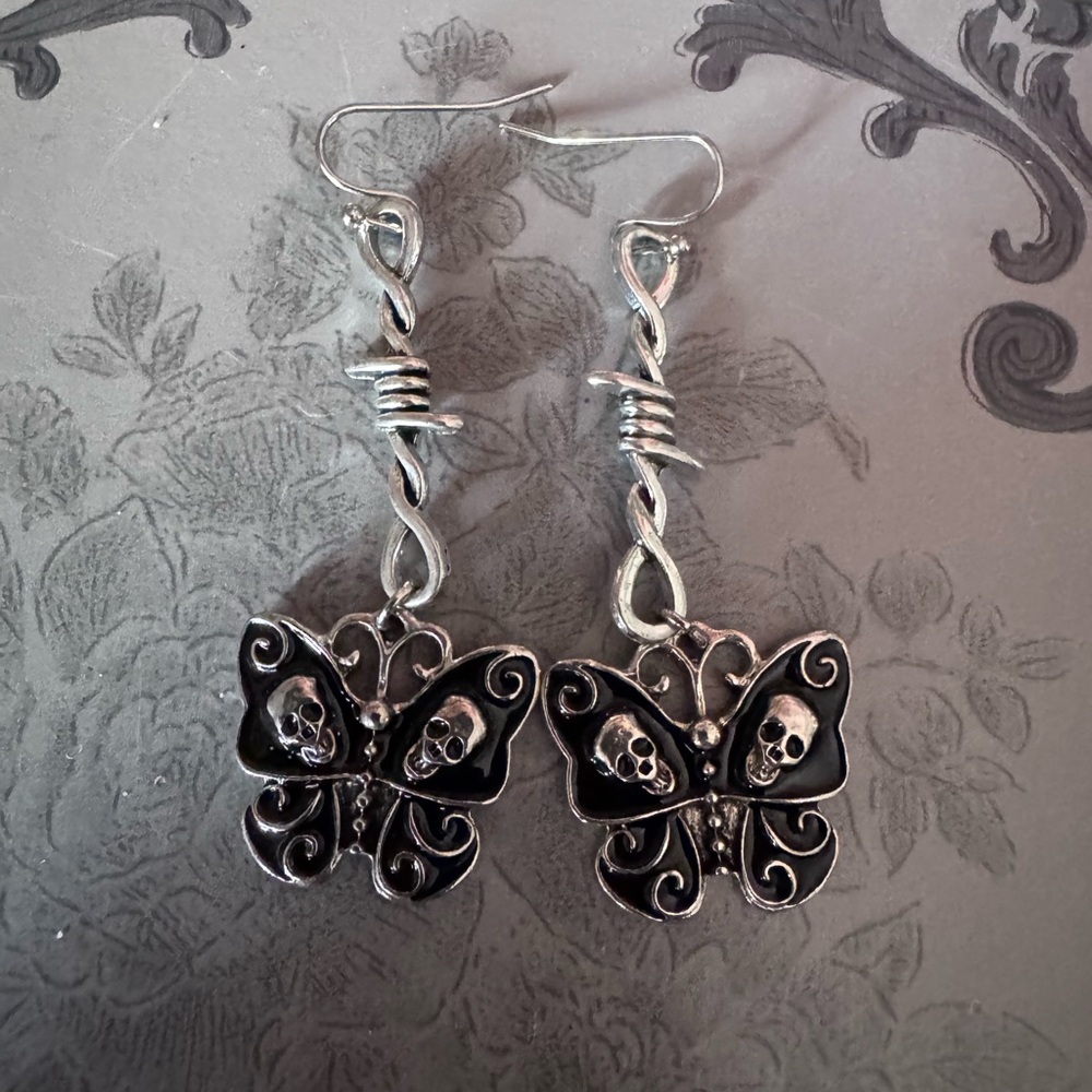 Silver Butterfly Skull Earrings